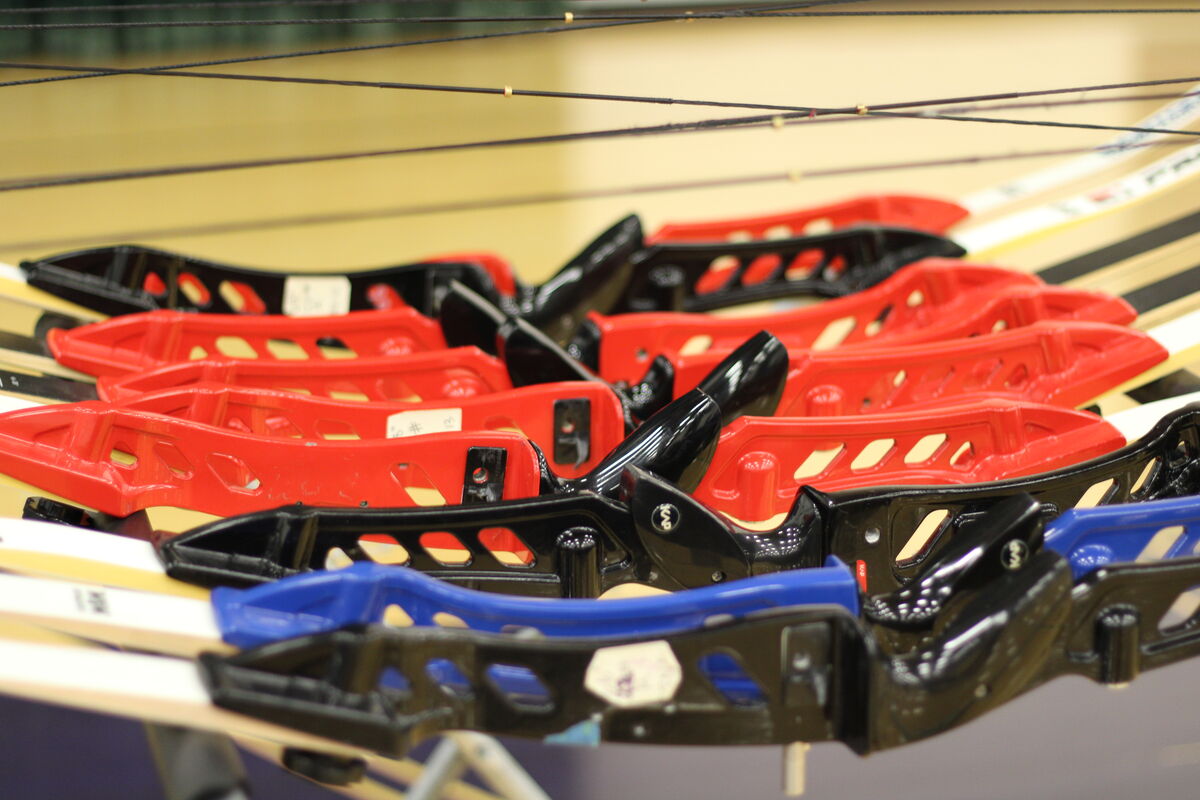 Club bows laid out in a row